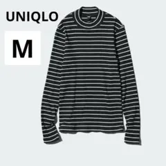 美品 UNIQLO M ブラック リブハイネックT/ボーダー カットソー