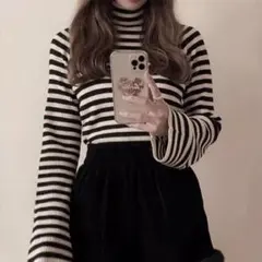 【GRL】ボーダー柄フレアスリーブリブニットトップス k9086b ブラック