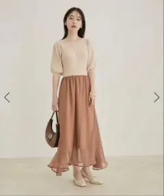 VIS ニット半袖ドッキングワンピース ベージュブラウン