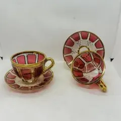 訳あり ボヘミア エーゲルマン パネルグラス カップ&ソーサー ロゼ 金彩