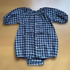ネイビー・ホワイト チェック柄ロンパース　ギンガムチェック　80長袖