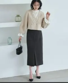 未使用近　クロップドランタンスリーブジャケットロングタイトスカート2点　LL