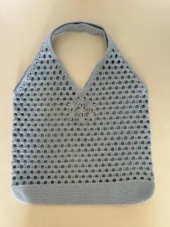 ハンドメイド　メッシュ編みバッグ 水色　レースの花付き