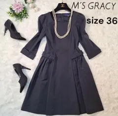 美品✨エムズグレイシー　ワンピース　リボン　長袖　ひざ丈　36 S 黒