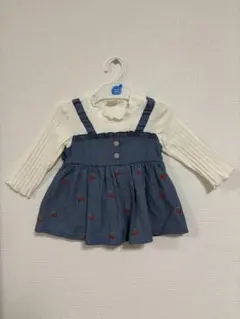 80cm ベビー服　デニムブルー刺繍入りサロペット風トップス