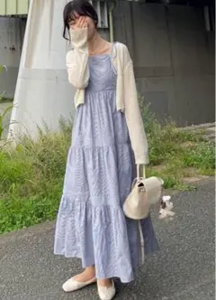 GRLストライプ柄ティアードリボンストラップキャミワンピース