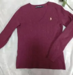 ラルフローレン ケーブルニット Ｖネック ワインレッド ポニー刺繍 ウール M