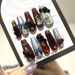 現品 ネイルチップ 量産型 薔薇 赤 黒 月