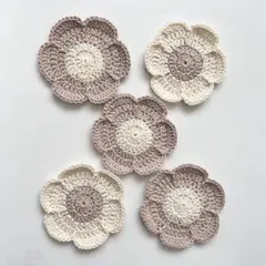 ハンドメイド　コースター　ドイリー　編み物　花　5枚セット　ピンク　ベージュ