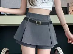 【美脚見え】ハイウエスト プリーツ スカパン（ベルト付き）M