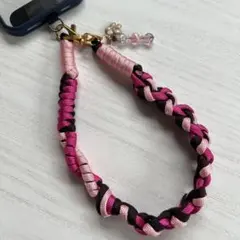 ハンドメイド パラコード ハンドストラップ 44cmビーズ＆フラワーチャーム付き
