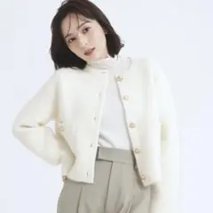 【新品タグ付】アニュアンス ラクーンブレンドノーカラーニットジャケット ホワイト