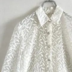 used リーフ刺繍シースルーシャツ ホワイト クリスタルボタン 羽織り 古着