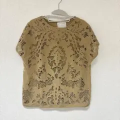 ビアズリー レース刺繍装飾 ベージュ 半袖 トップス タンクトップ付きのサムネイル