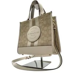 COACH デンプシー ミニトートバッグ ストライプ ベージュ　ホワイト