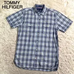 TOMMY HILFIGER ブルーカラー チェック柄 ロゴ刺繍 半袖 シャツ