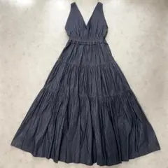 極美品 ダブルスタンダードクロージング インディゴVネックティアードワンピース