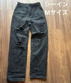 レディースMサイズ　ハイウェスト　ダメージワイドレッグジーンズ　シーイン