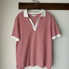 TOMMY HILFIGER 赤白ストライプ 半袖ポロシャツ S