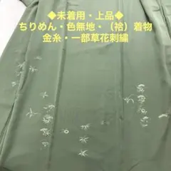 ワ9【23】◆未着用◆正絹◆色無地◆ちりめん◆袷着物◆金糸・一部草花刺繍◆若草色