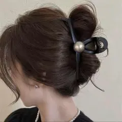 大きめパール ヘアクリップ バンスクリップ 髪留め まとめ髪 パール 黒 大きめ
