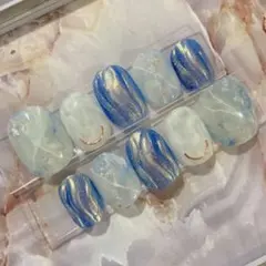 ネイルチップ ベリーショート 青 ニュアンス 大理石