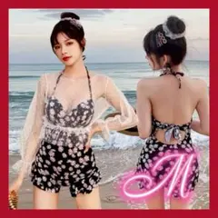 レディース水着 花柄 2点セット 長袖チュール付き プール 海 体型カバー M