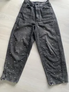 最終値下げ♥パール装飾 ダークグレー ワイドレッグデニムパンツ