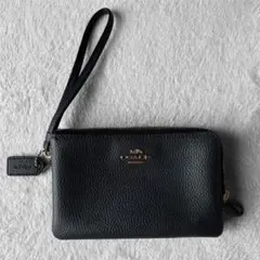 COACH コーチ ダブルジップ リストレット ポーチ ネイビー レザー