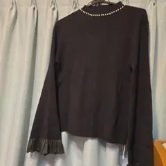 タイムセール【新品タグ付き】セゾンドパピヨン襟パール付リブ編みニットLサイズ