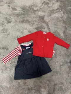 ミキハウス 赤いカーディガンとストライプワンピースセット