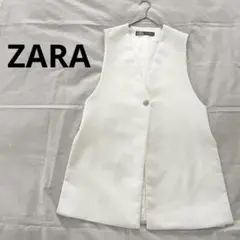 ザラ ZARA ロングベスト ビジューボタン XS スリット バックベルト 白
