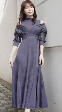 MERCURYDUO 異素材ドッキングフレアニットワンピース　ネイビー