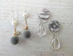 【ss58】グレーのベロアボールチェーンピアスとクリアビーズのゆらりピアスセット