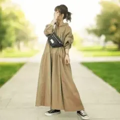 特価‼️フード付きロングワンピース⭐︎ベージュ⭐︎透けない薄手・軽量・体型カバー