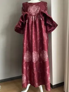 ★着物リメイク★　大島紬　フリル袖のゆったりワンピ　赤のアンティーク大島紬