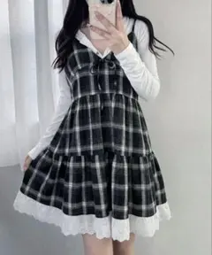 キャミワンピース レイヤード チェック ブラック 黒 森ガール