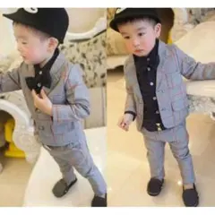 □120 新品 男の子スーツ セットアップ フォーマル ジャケット グレーチェッ