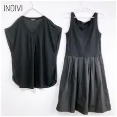 インディヴィ タックVネックTシャツ×異素材ドッキングワンピース 日本製 M
