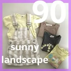 90 ストライプオーバーオールと半袖Tシャツ4枚セット 黄色 茶色 ダークグレー