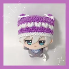 ちびぐるみ ぬい服 ぷっくりハート ポンポンニット帽 薄紫×白 編み物