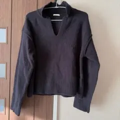 スキッパーネック 長袖ニット ブラック S