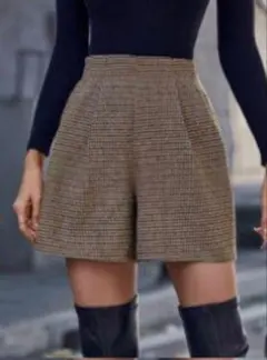 ブラウン チェック柄 ハイウエスト ショートパンツ