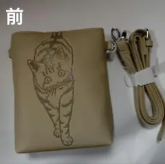 猫イラスト ベージュ スマホショルダーバッグ