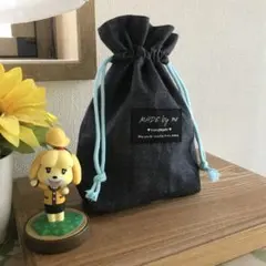 ジーンズ生地のハンドメイド巾着袋 裏地水玉模様でおシャレです