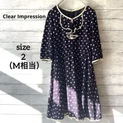 【クリアインプレッション】 ワンピース 水玉 膝丈 M 七分袖 フリル レトロ