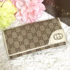 グッチ GGキャンバス 長財布 インターロッキング レザー 白 折り財布 箱