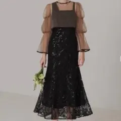 LEJA フレアスリーブボレロ花柄刺繍マーメイドドレスワンピース 2点セット