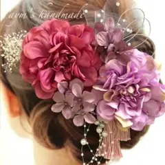 ローズピンクパープル〜和装花髪飾り〜結婚式　成人式　入学式　振袖　袴　水引　着物