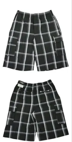 新品Lブラック黒SHAKAWEARシャカウェアチェックビッグ丈長カーゴショーツ